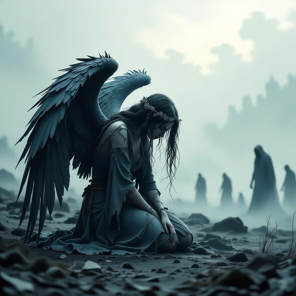 Sorrowful Angel on Battlefield in WLOP Artgerm Style