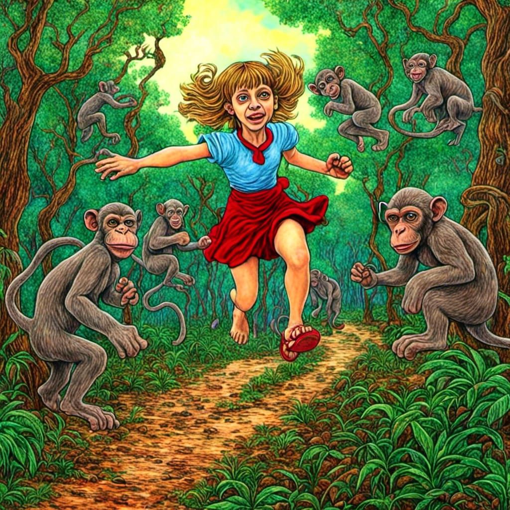 Girl Runs from Monkeys in Van Gogh Forest
