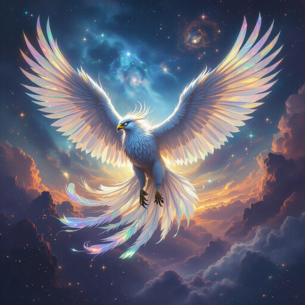 Majestic Griffin Soars Through Cosmic Nebula Sky