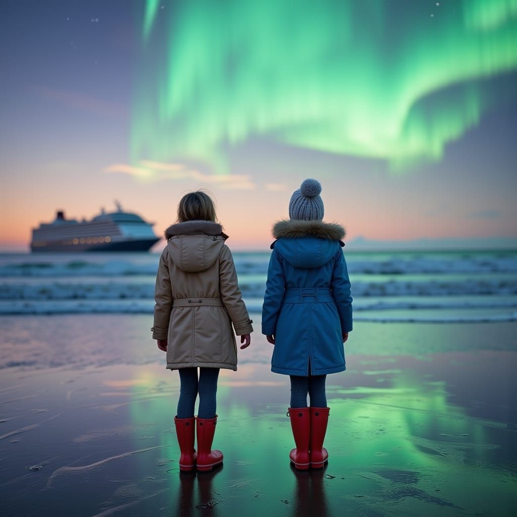 Girls Watch Aurora Borealis Over Ocean at Sunset