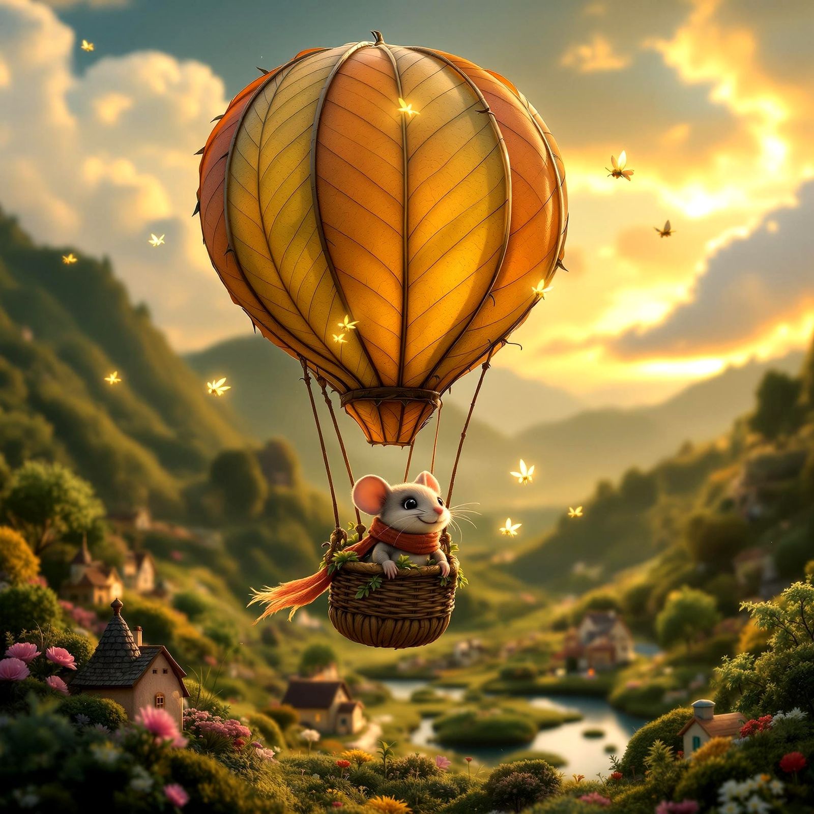 Whimsical Hot Air Balloon Adventure in a Miniature Landscape