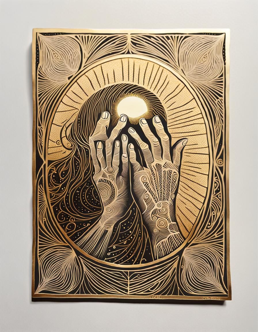 Intricate Linocut Illustration of Spiritual Growth