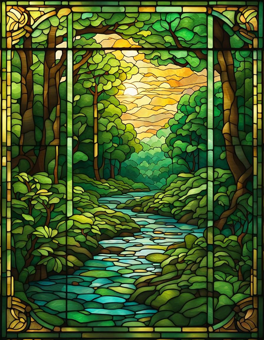 Lush Forest Stream in Stained Glass Window