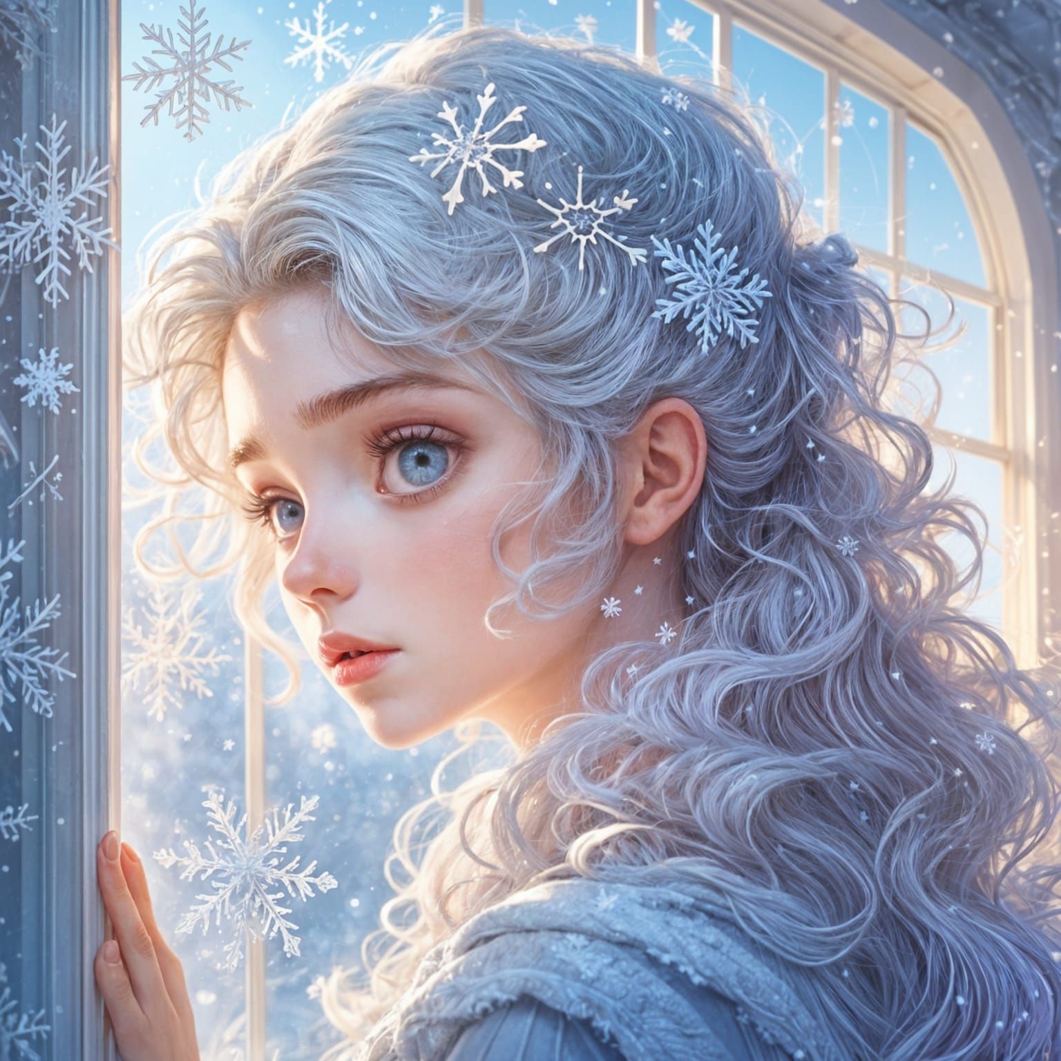 Frosted Window with Snowflakes in Soft Anime Style