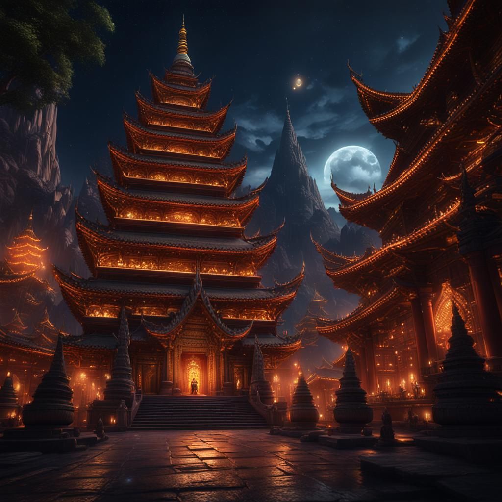 Monks at a Temple at Night: Fantasy Concept Art