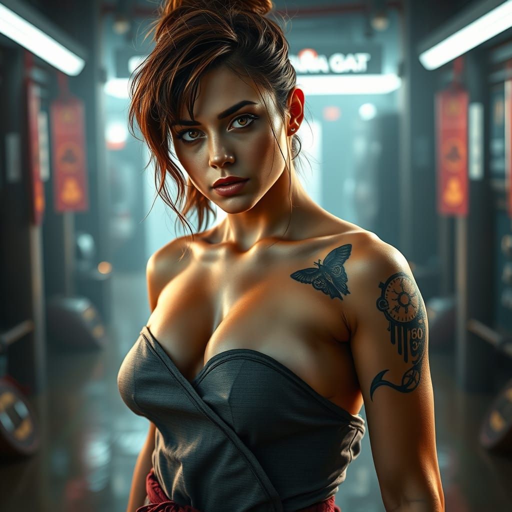 Cyberpunk Woman with Clockwork Tattoos in Futuristic Dojo