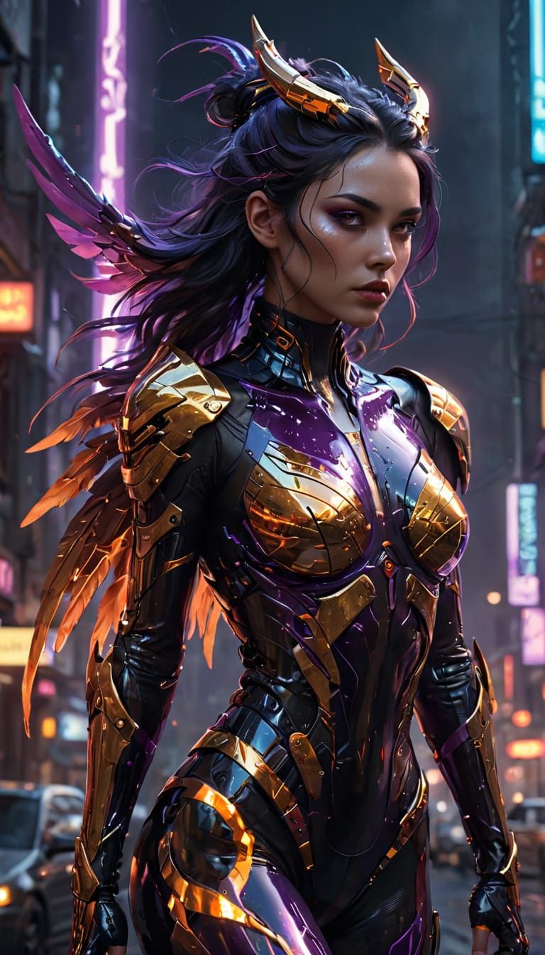 Regal Techno Demon in Cyberpunk Cityscape