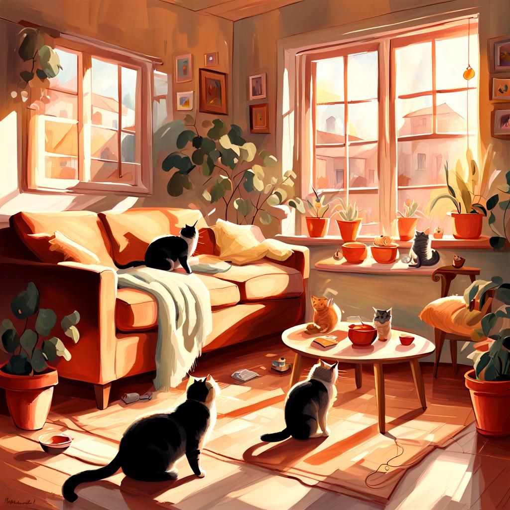 Whimsical Cats Play with String in Cozy Room