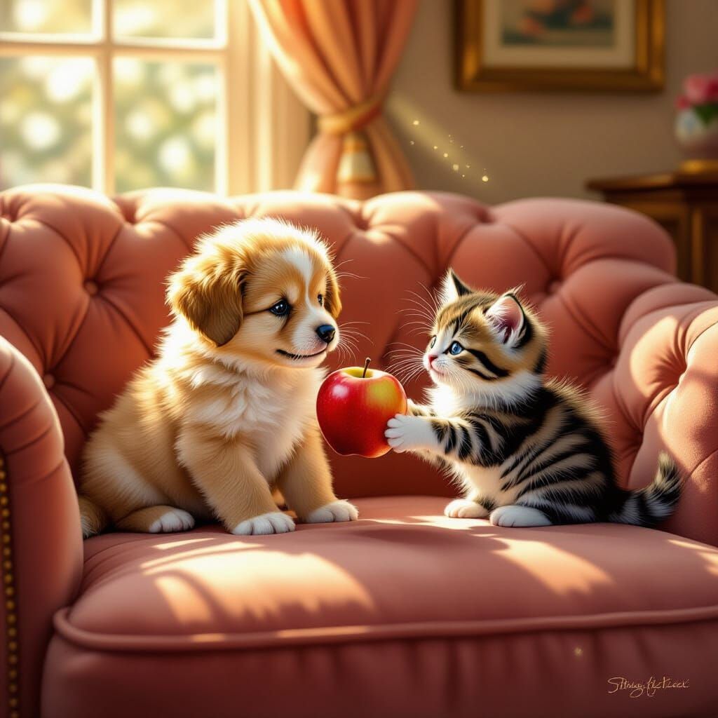 Fluffy Puppy and Kitten Play With Apple on Velvet Sofa