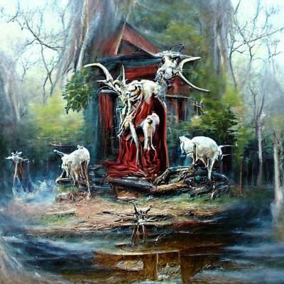 Demonic Goat in a Dark Forest Landscape
