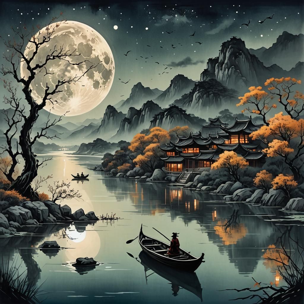 Chinese Ink Art: Moonlit Boat on River