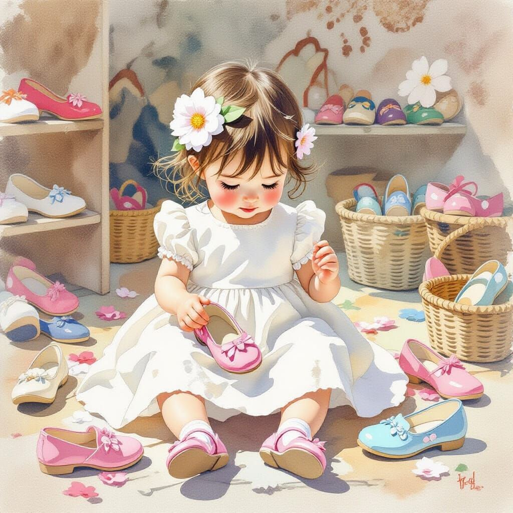 Whimsical Baby Girl Shoe Shop Chaos in Aquarelle Style