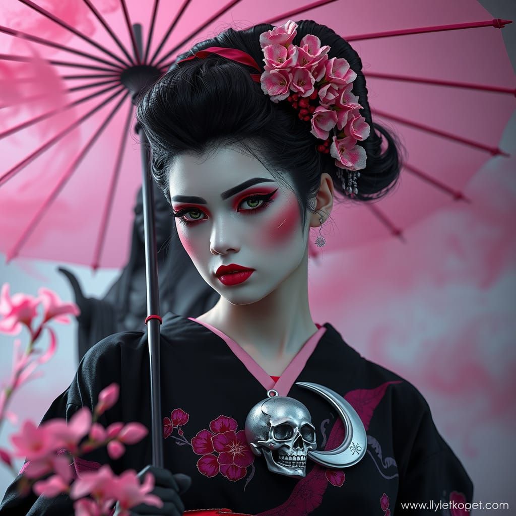 Gothic Geisha Goddess with Pastel Sakura and Neo-Weapon