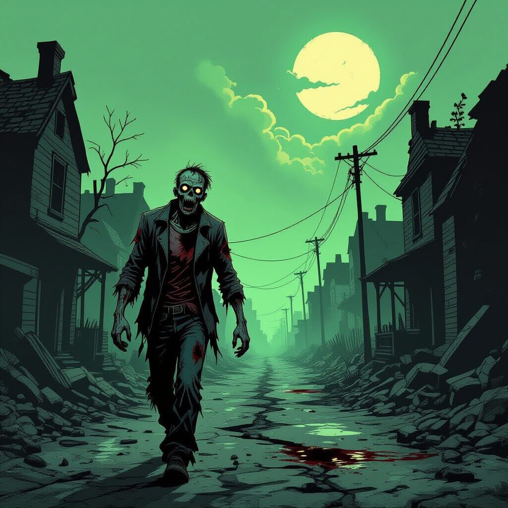 Lone Zombie in Ruined Village: A Dark Fantasy Scene