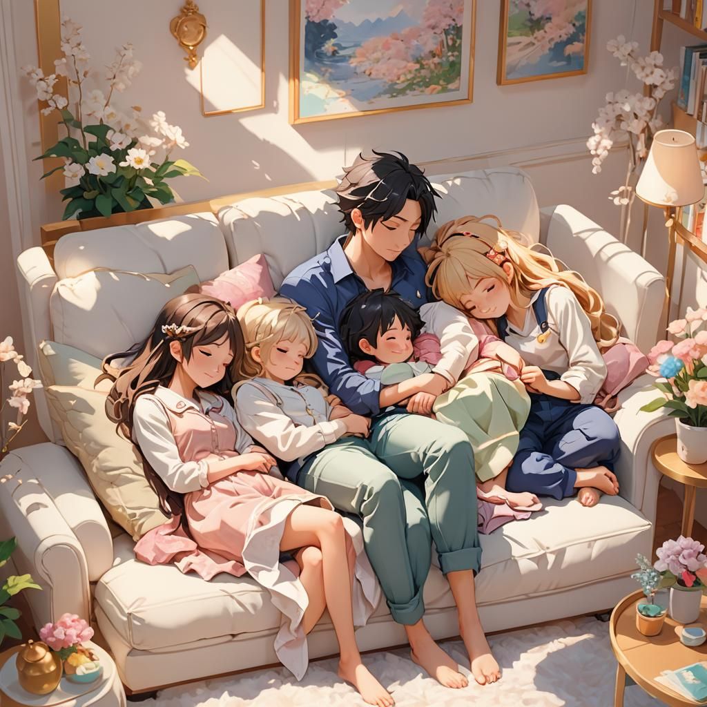 Whimsical 3D Anime Family Sleeping Peacefully