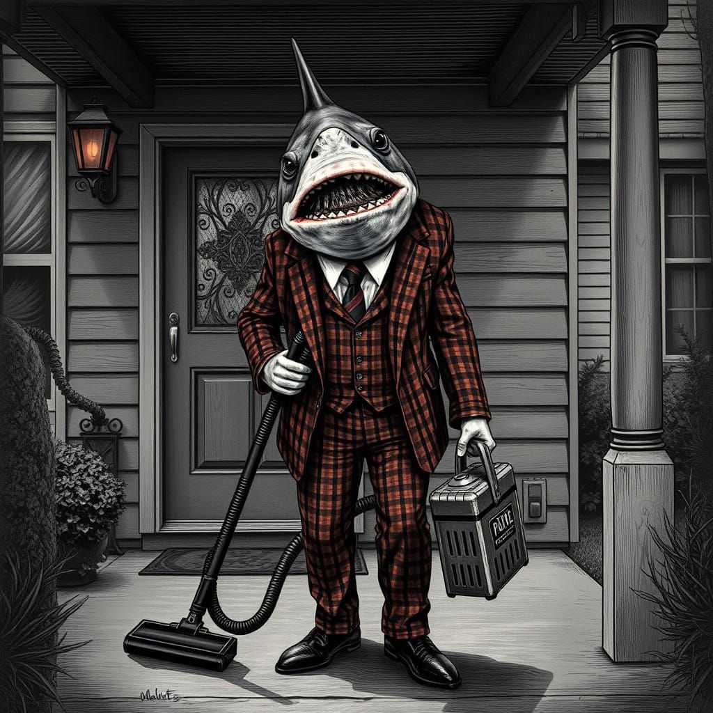 Menacing Land Shark Vacuum Salesman in a Haunting Doré-Inspi...