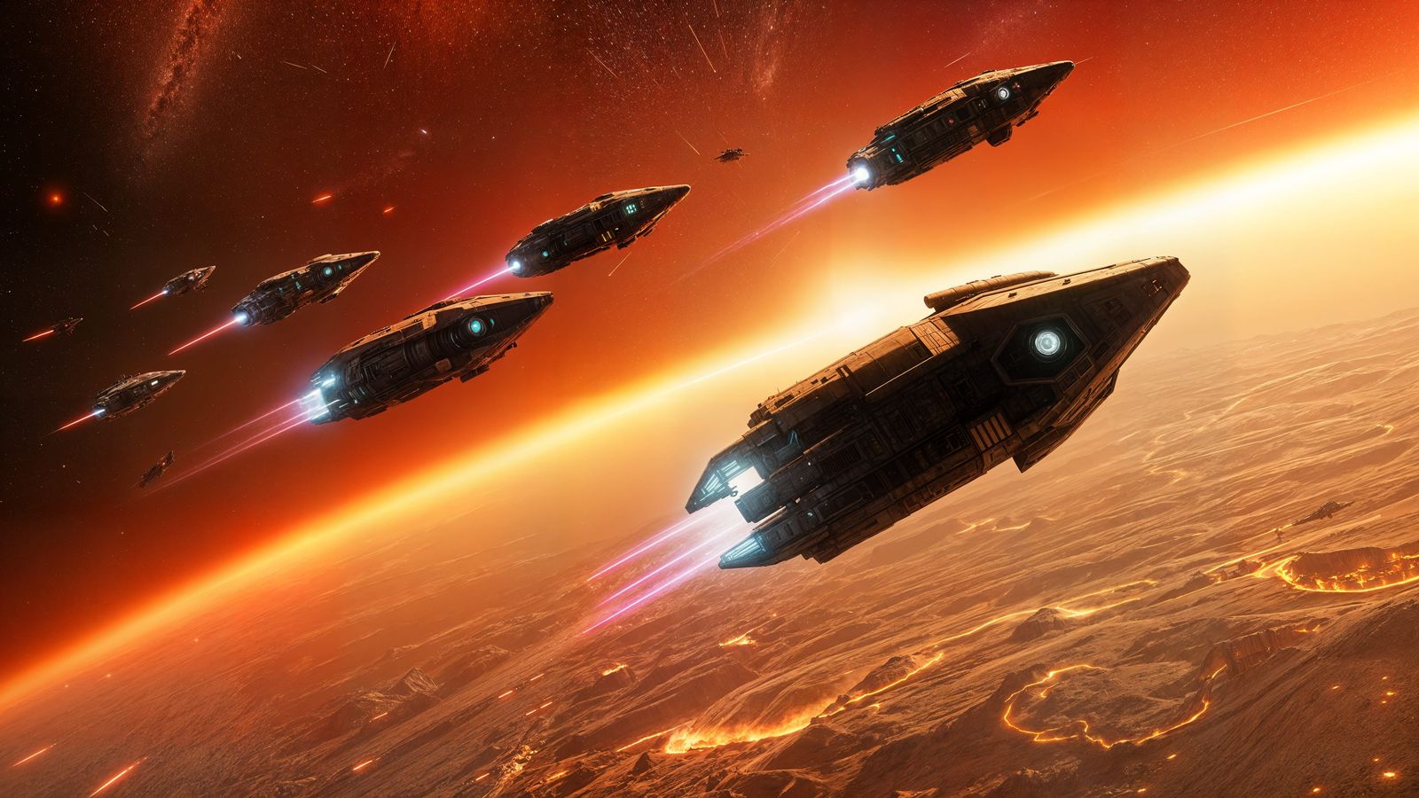 Cyberpunk Spaceship Battle Over Magma Planet