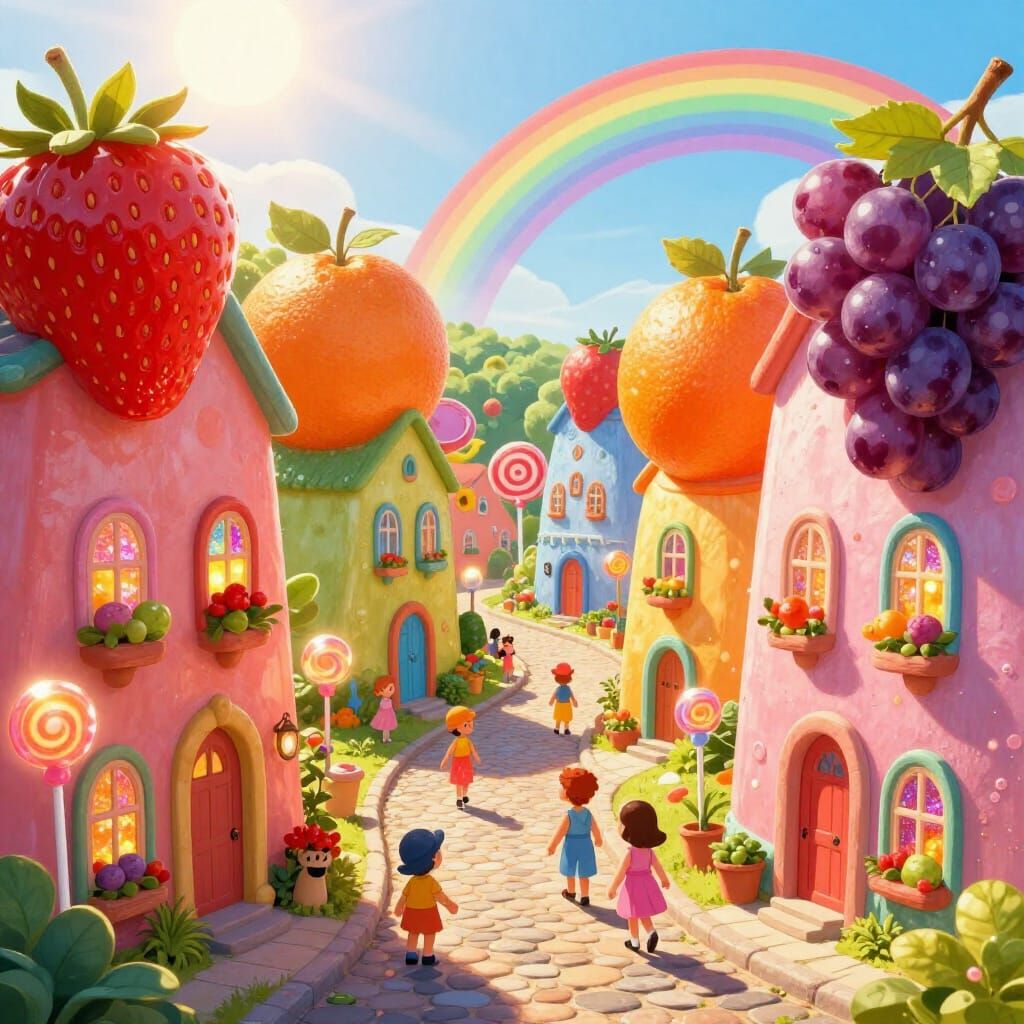 Whimsical Frut Town with Giant Fruits in Storybook Style