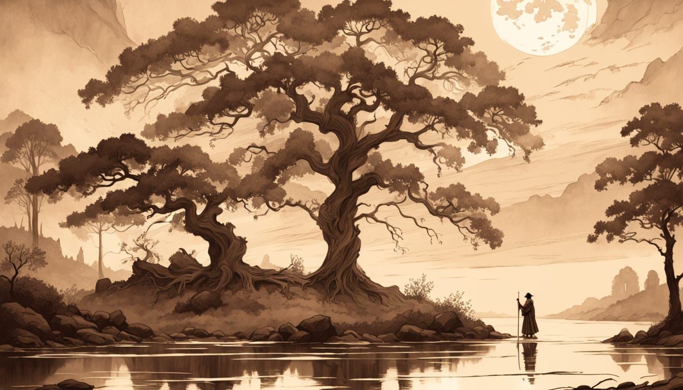 Melancholic Moonlit Duel by Water in Watercolor