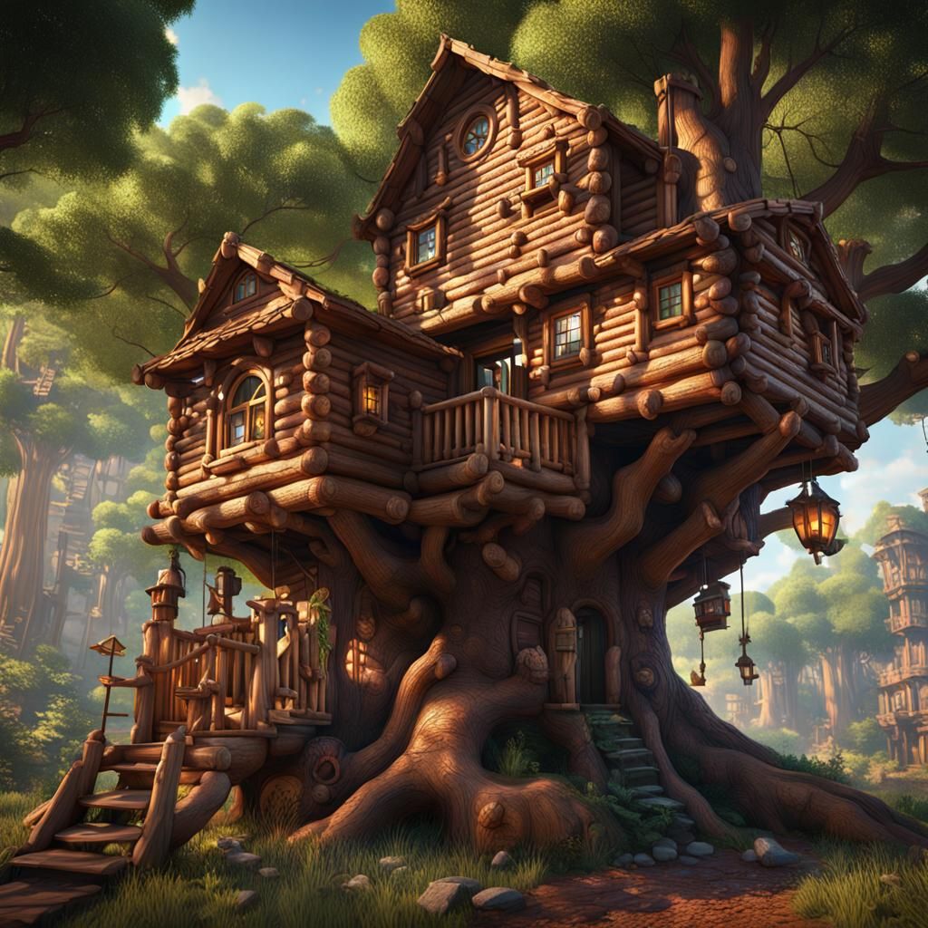 Hyperdetailed Lincoln Log Treehouse in Matte Painting Style