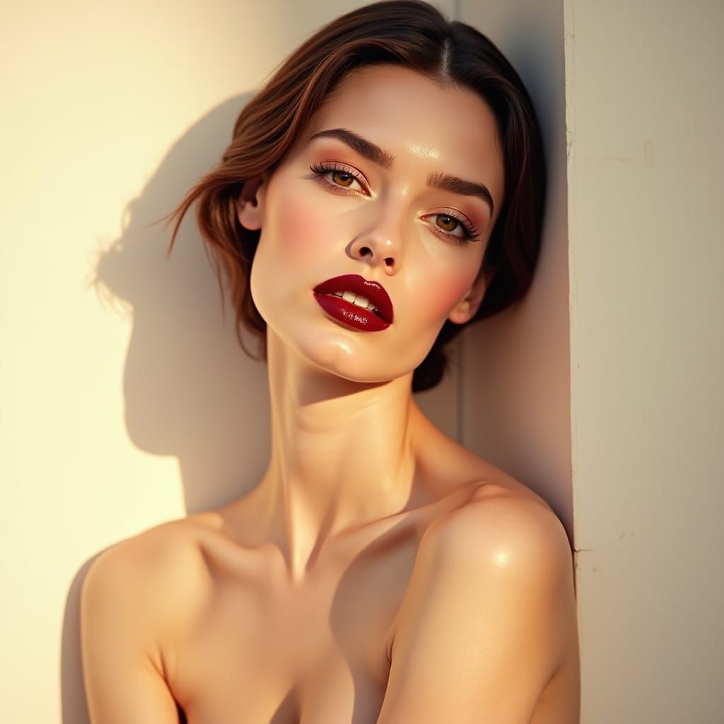 Luminous Beauty: Model with Red Lipstick in Cream Setting