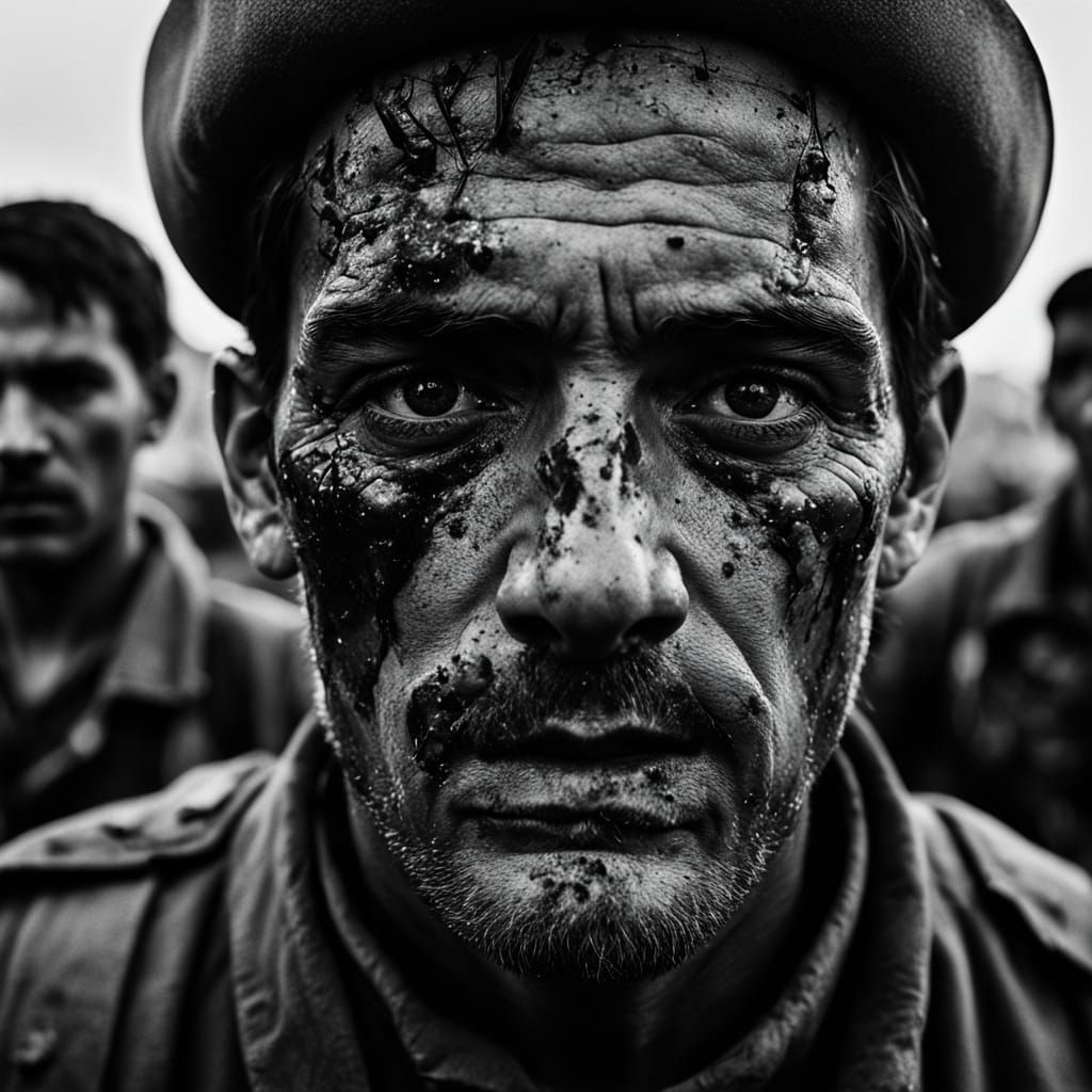Dramatic Black and White Portrait of Battle-Scarred Soldiers