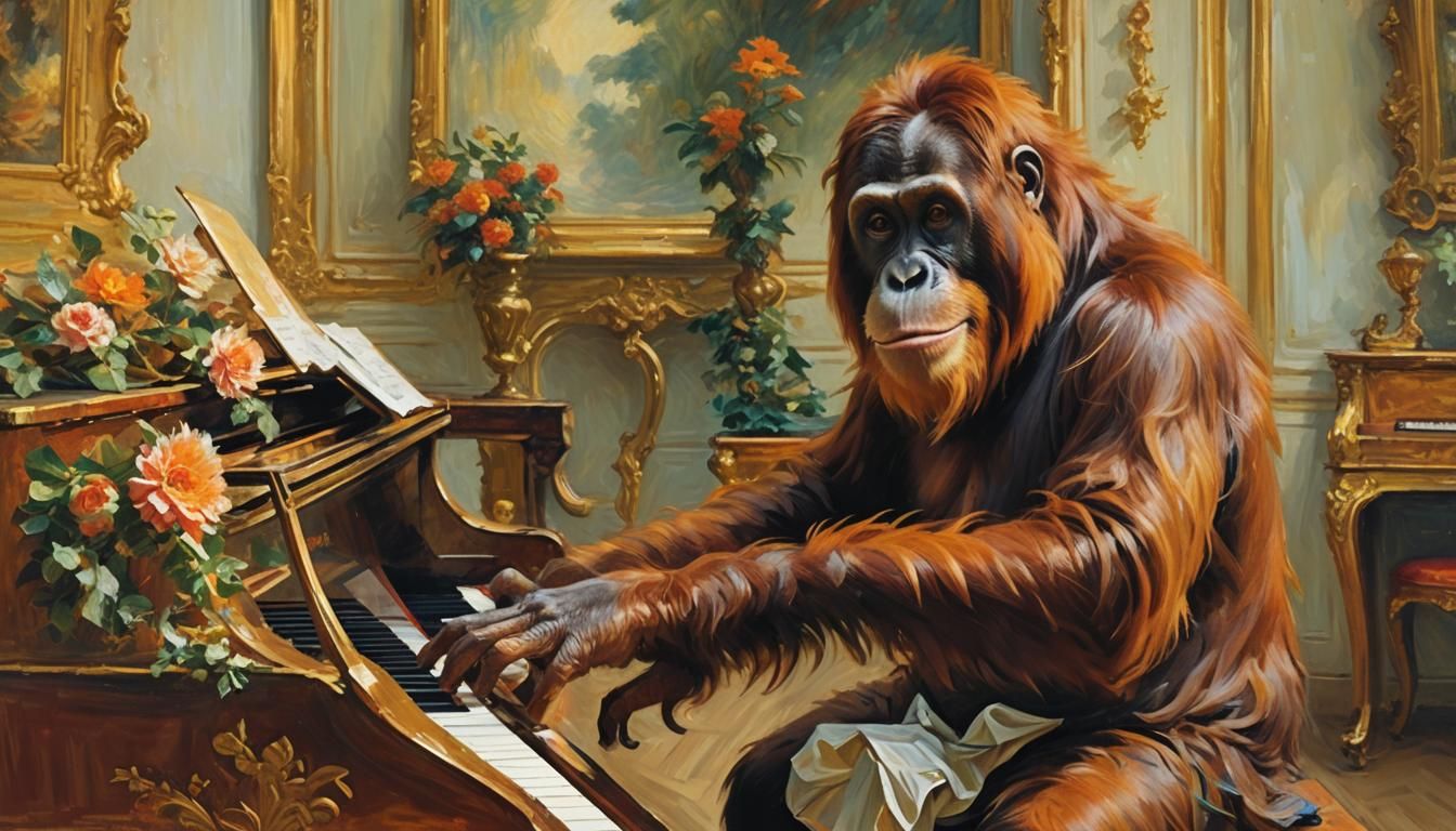 Orangutan Plays Piano as Impressionist Oil Painting