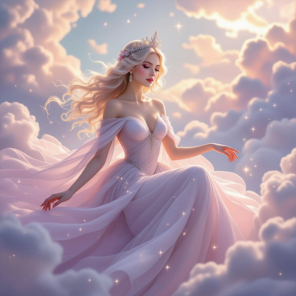 Ethereal Queen Floating Among Clouds in Pastel Hues