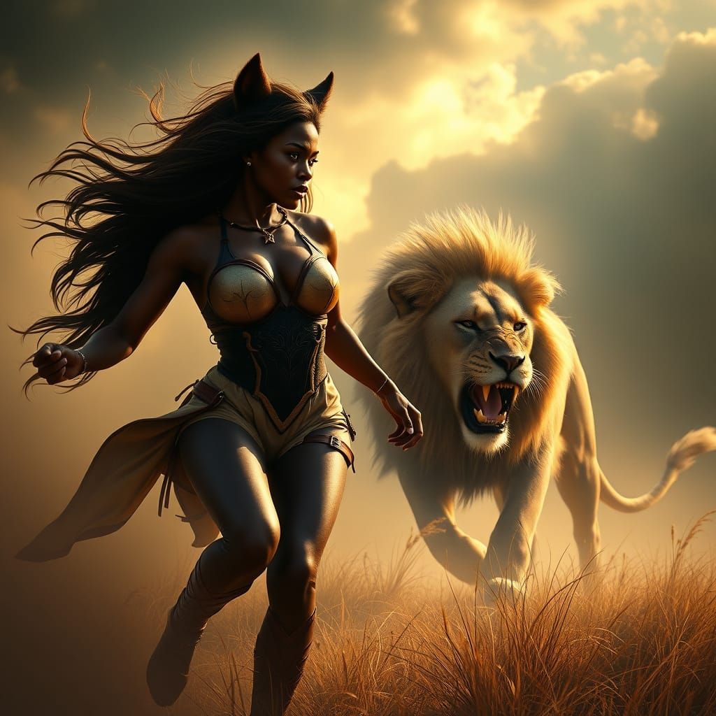 Vixen Carried by Wind Towards Lion in Hyperrealistic Style