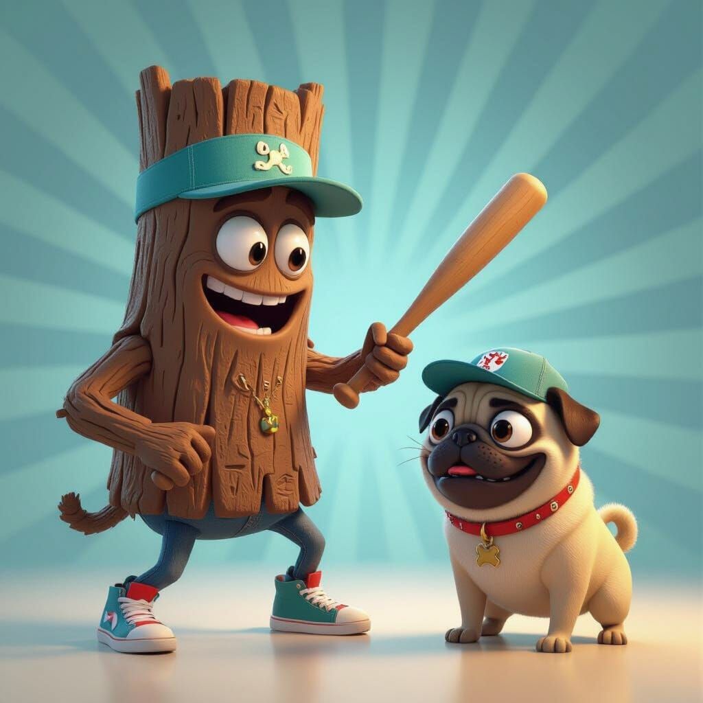 Animated Log Beats Pug: Pixar-Inspired 3D Digital Art