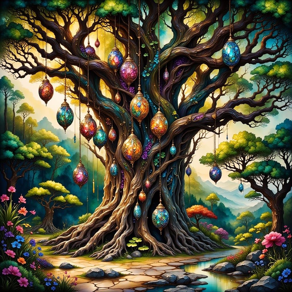 Majestic Baobab Tree in Japanese Garden with Vibrant Fabrege...