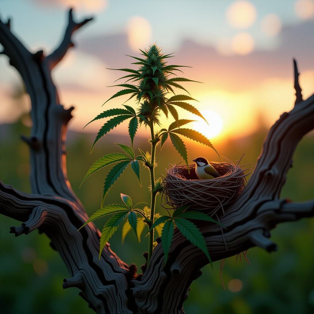 Hyperrealistic Cannabis Plant Still Life in Dusk Light