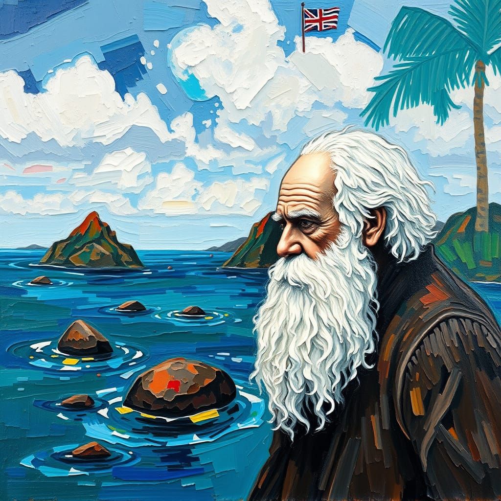Darwin in Galapagos: a Neo-Impressionist Oil Painting