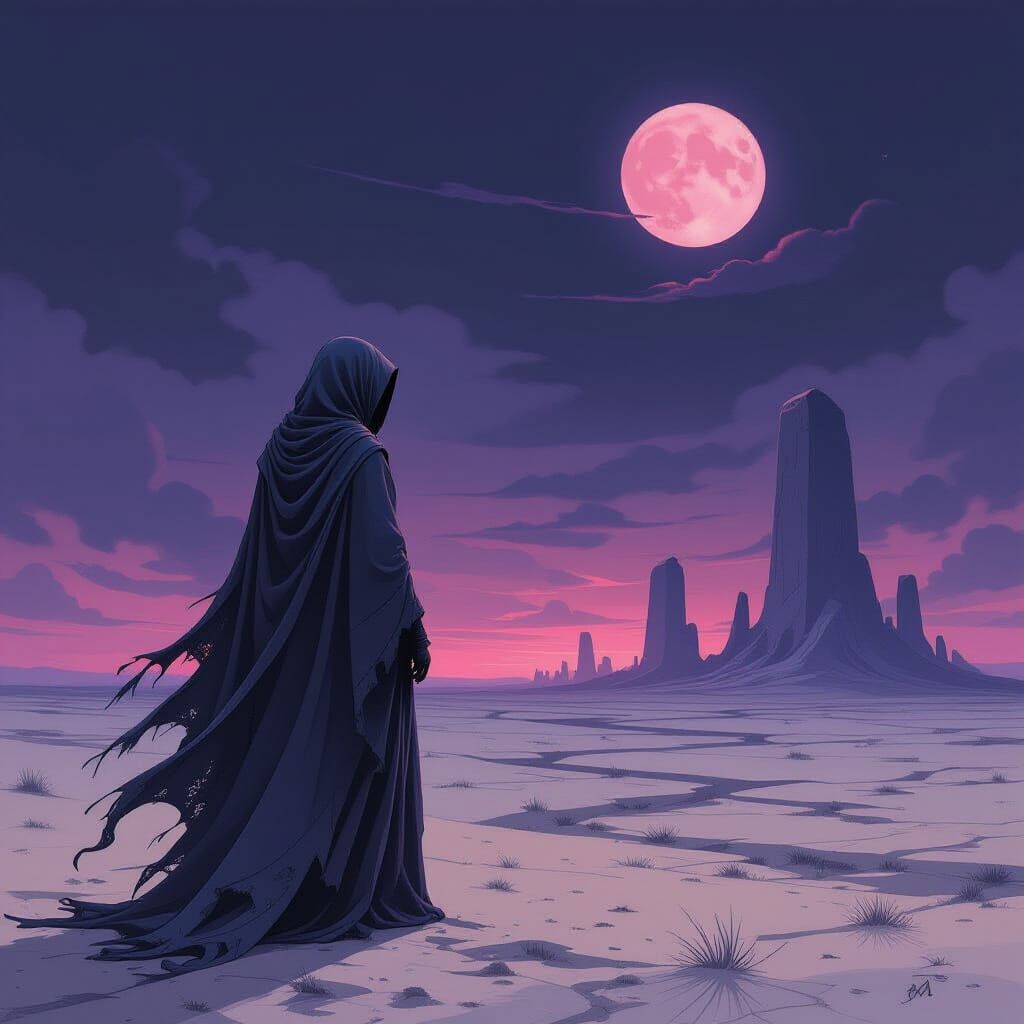 Solitary Woman on Desolate Plain with Alien Structures