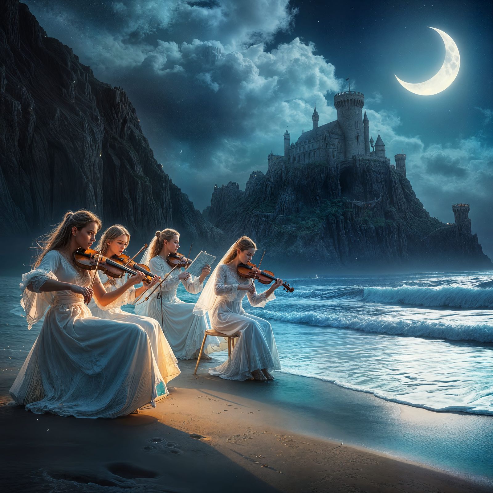 Moonlit Serenade: Dreamy Orchestra on Beach at Sunset