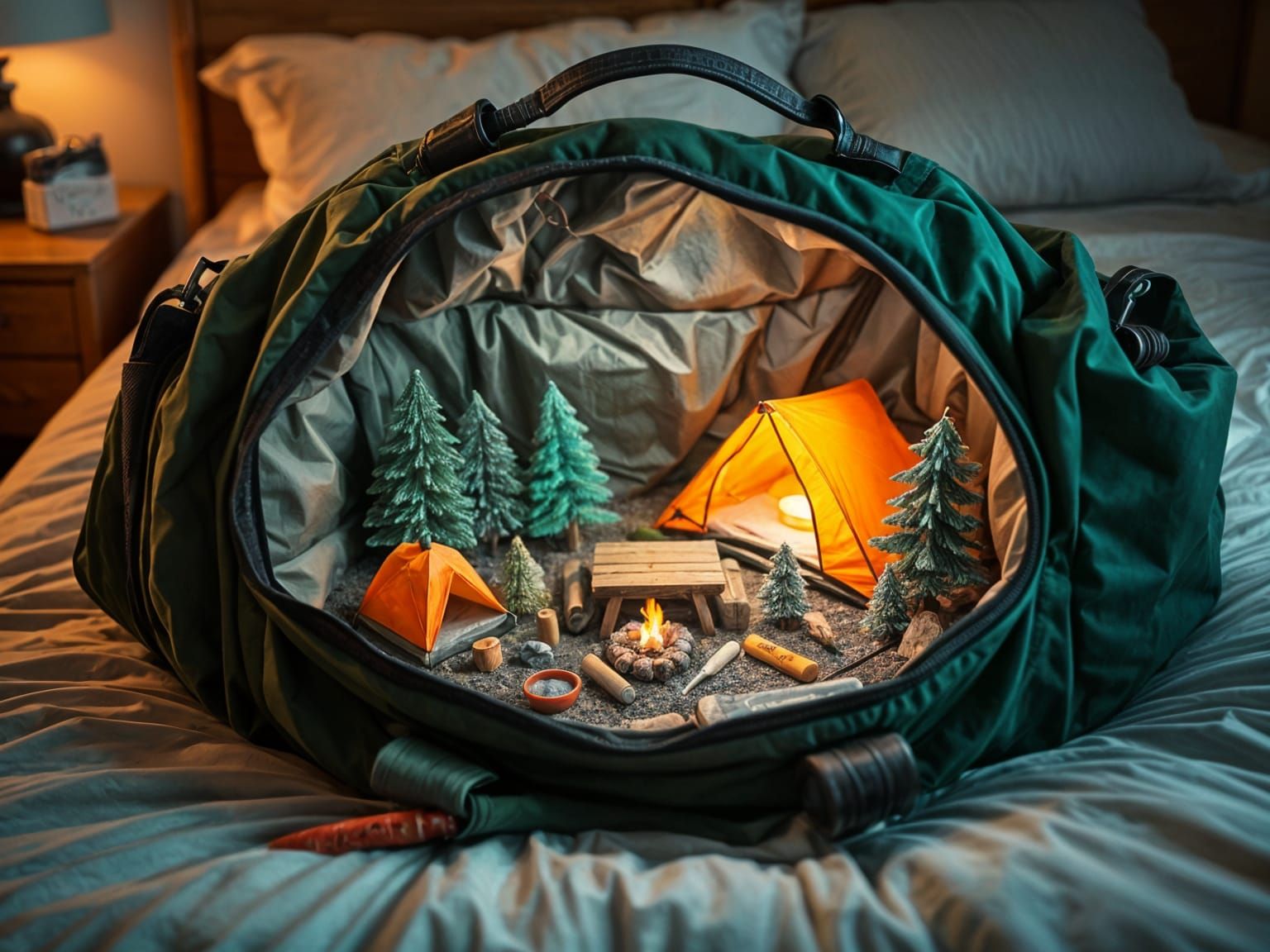 Whimsical 3D Wilderness Camp Inside Duffel Bag