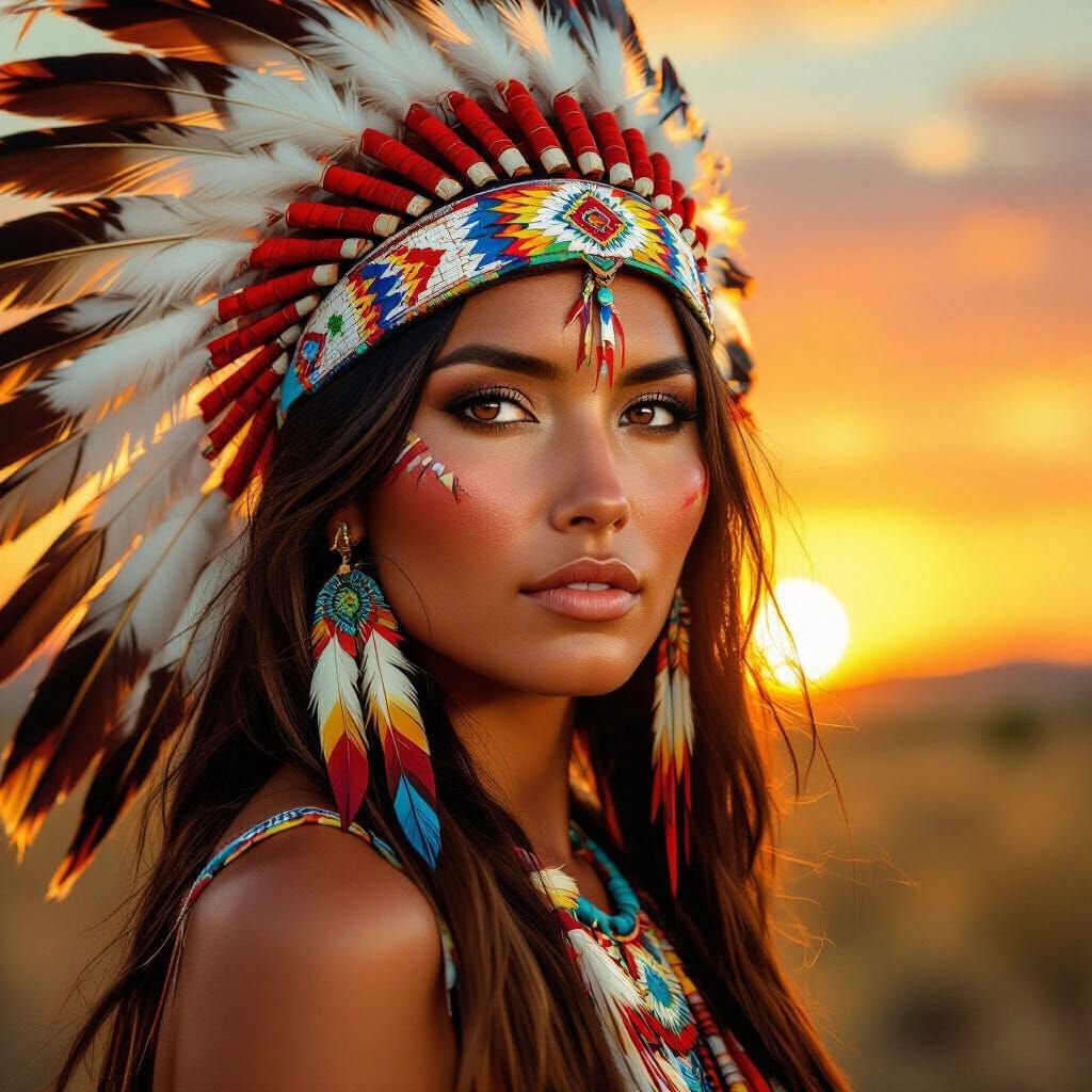 Native American Woman in Sunset, Textured Brushstrokes Style