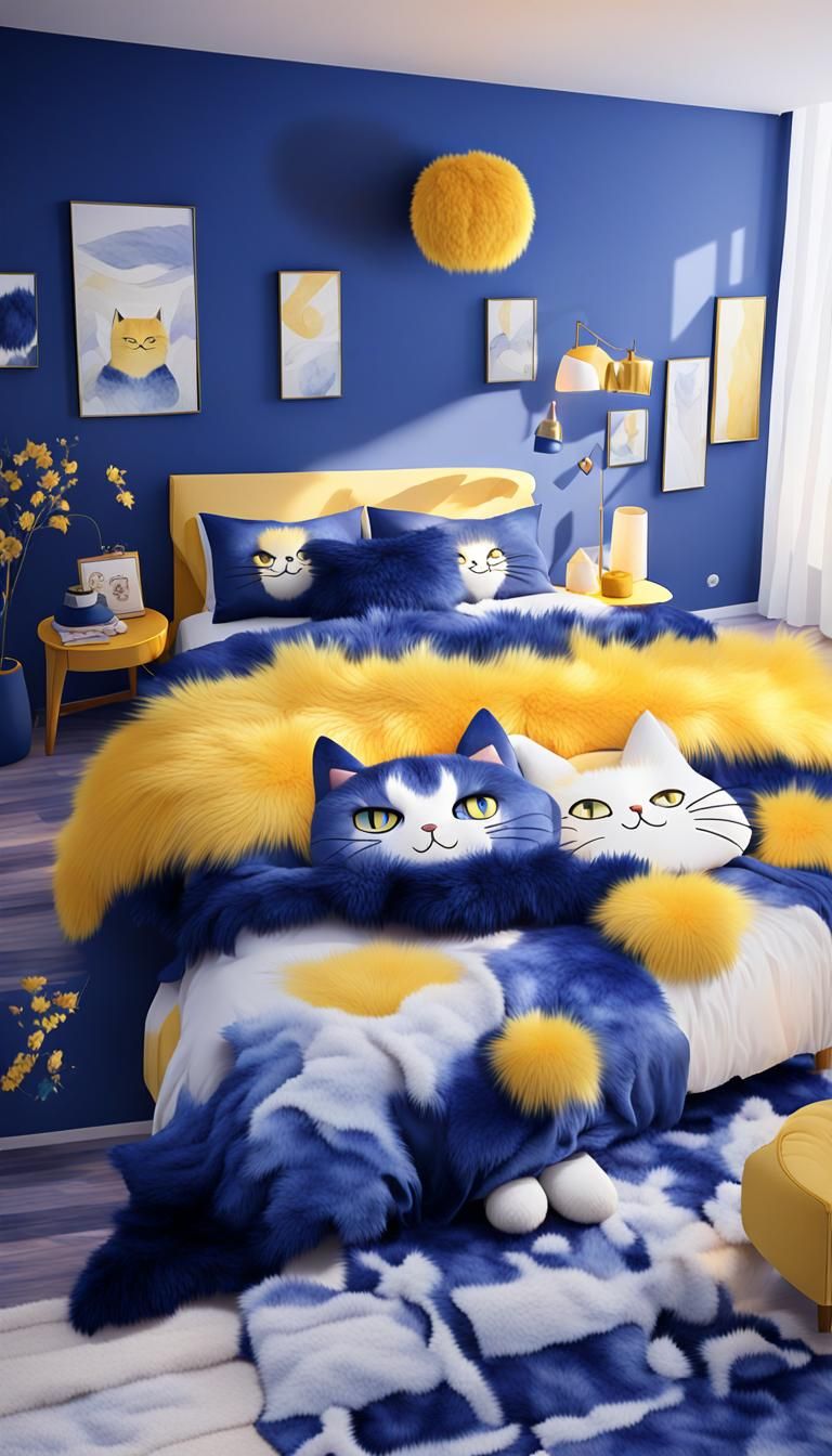 An abstract adorably designed cat theme bedroom with comforting atmosphere with a bland between yellow and blue color