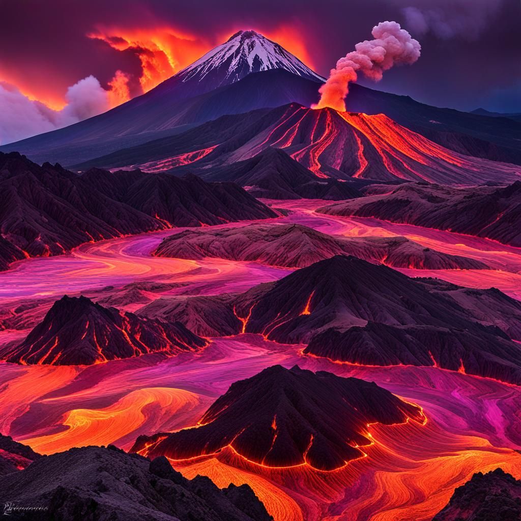 Volcano Eruption with Billowing Ash Clouds in 3D