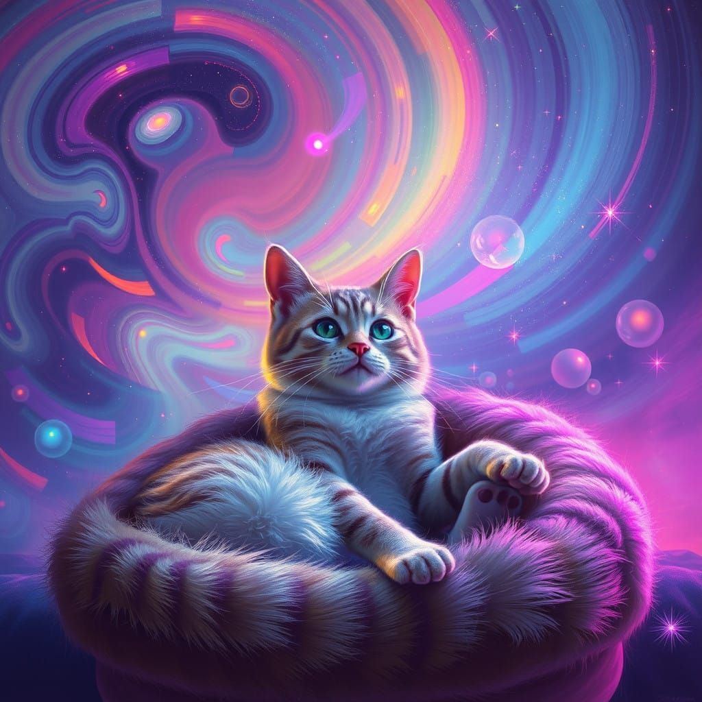 Ethereal Whimsy: Futuristic Cat in Vibrant Spangled Colors