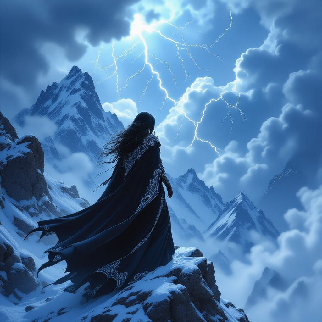 Sorceress Climbs Stormy Mountain, Fantasy Art