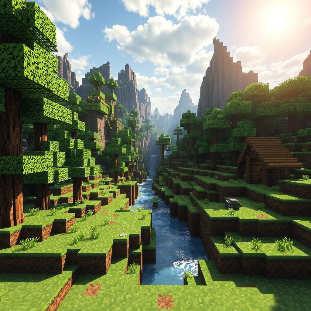 Blocky Pixel Art Landscape in a Fantasy World