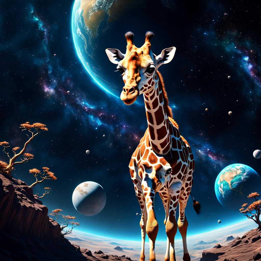 Adorable Giraffe in Space: Digital Matte Painting