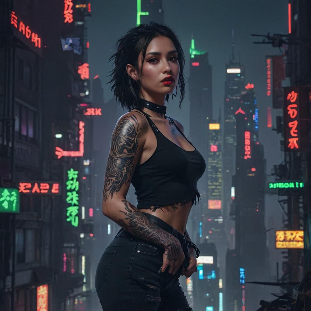 Brunette Girl with Dragon Tattoo in Neon City