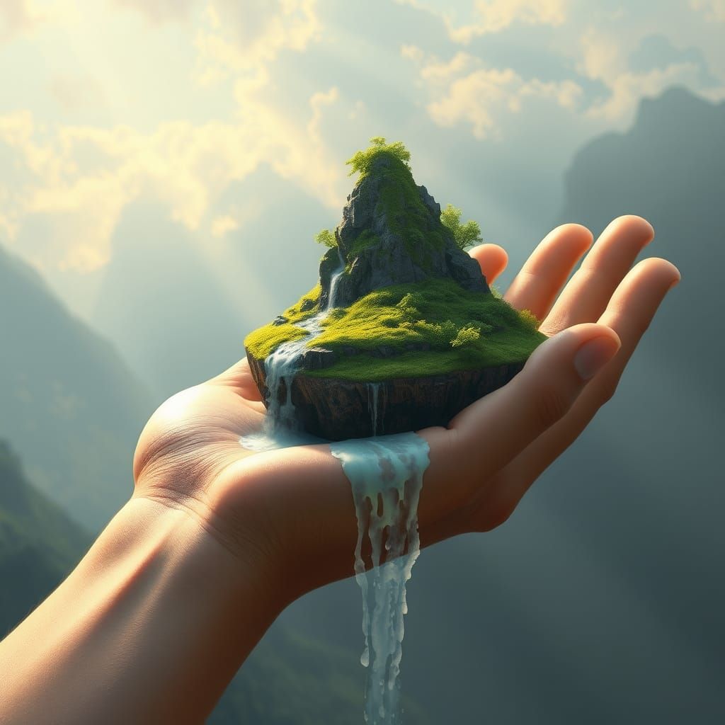 an upturned hand, a floating island with the point in the pa...