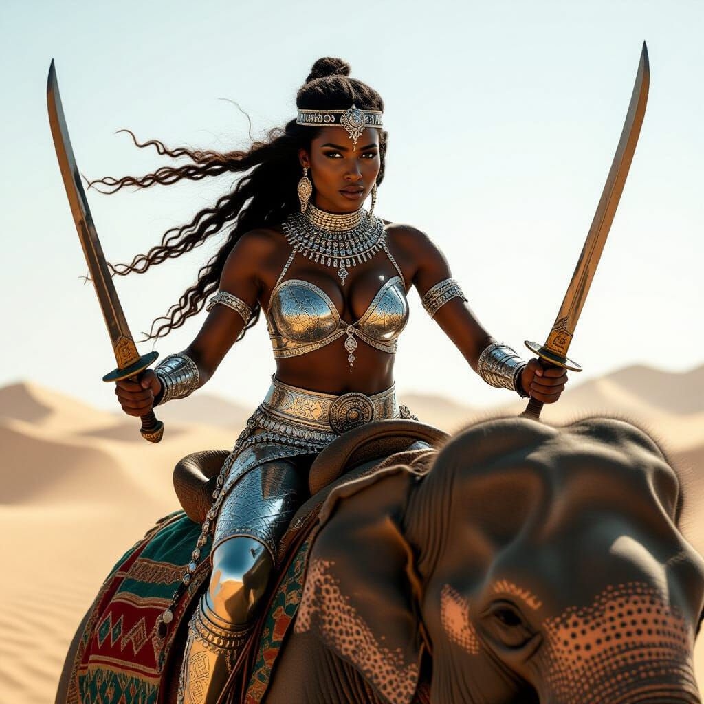Nubian Warrior Woman on Elephant in Desert, Cinematic Style