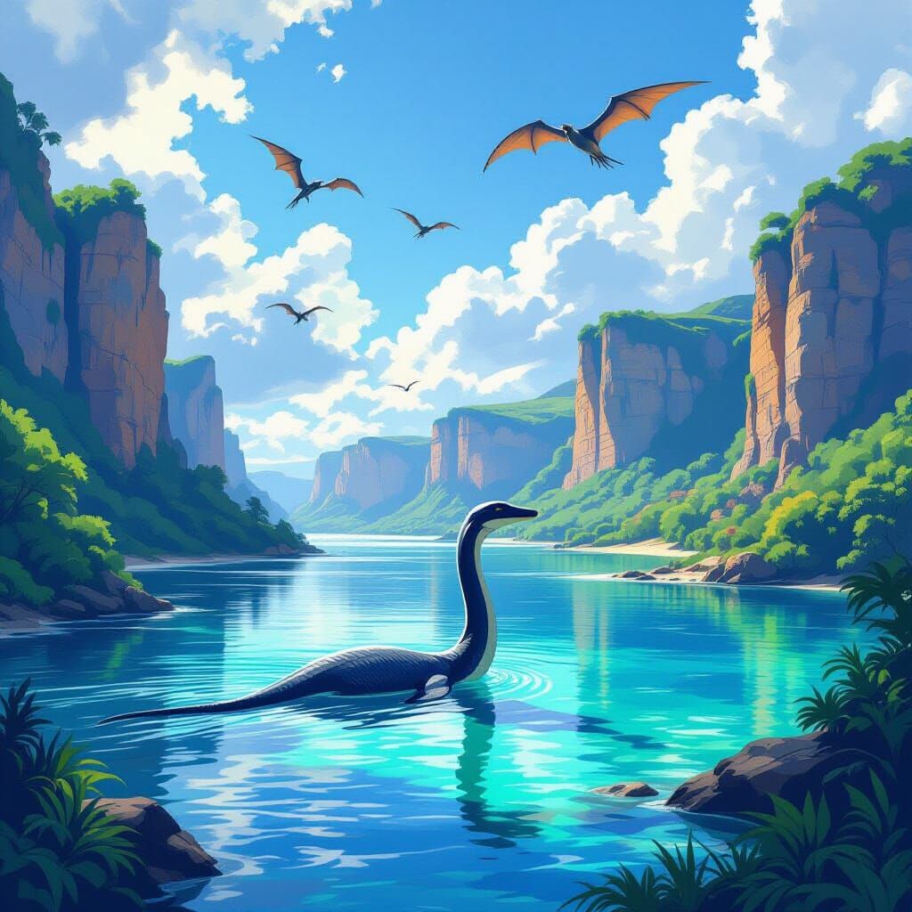 Jurassic Lagoon with Plesiosaur in Impressionistic Style