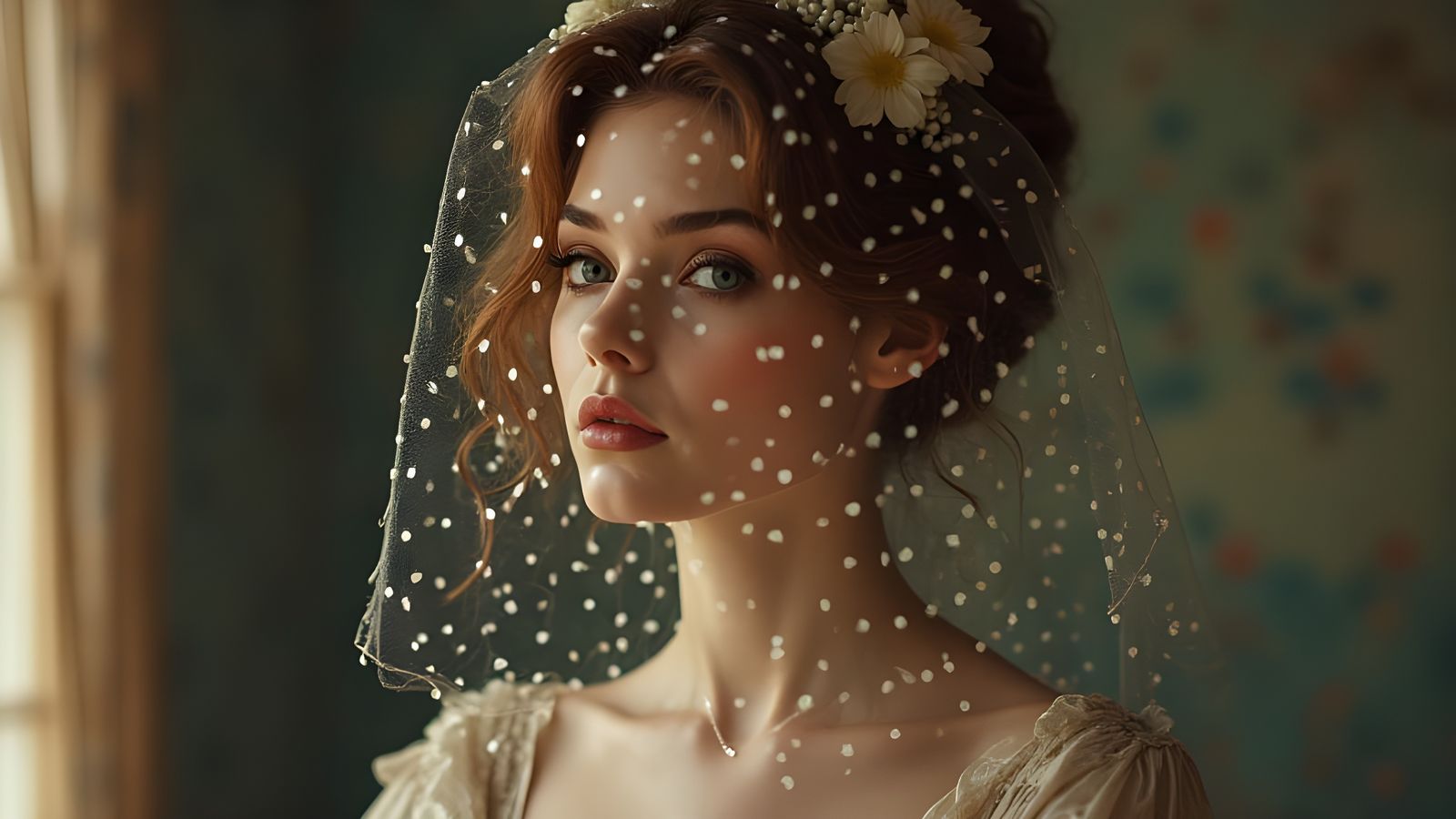 Pin-Up Wolf Haired Woman in Polka Dot Gossamer Veil