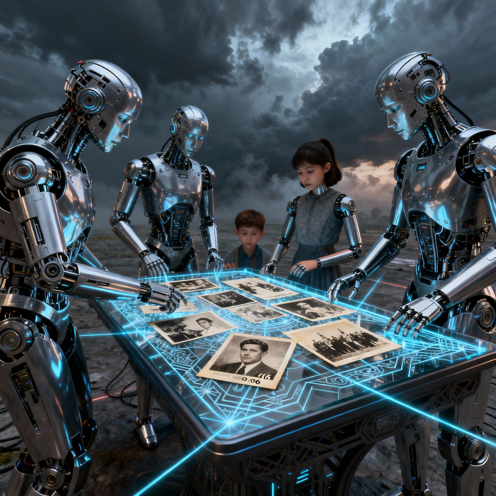 Android Family Views Vintage Photos in Sci-Fi Style