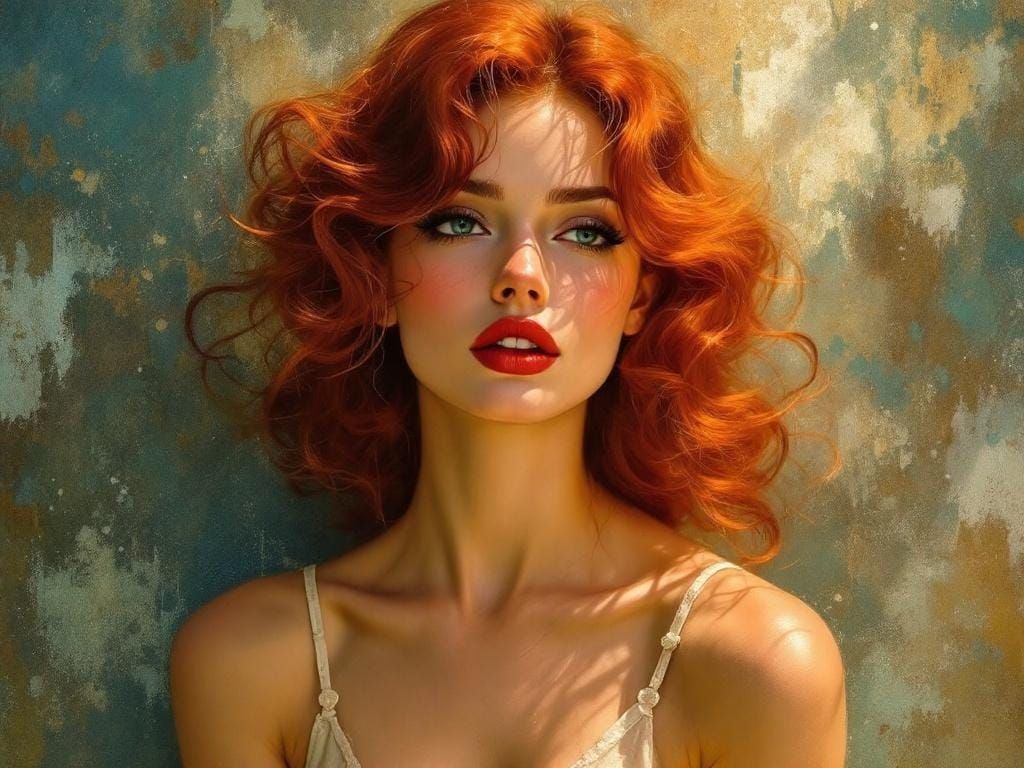 Redhead Pin-Up in Alphonse Mucha and Tonalism Style